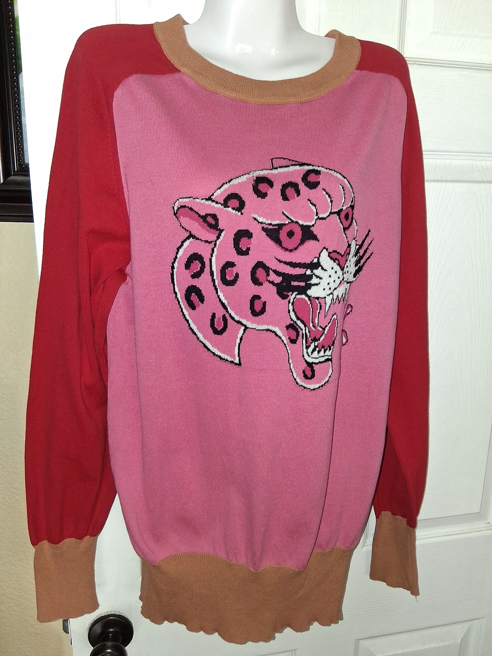 OXKNIT Retro Pink & Red Panther Graphic Colorblock Knit Sweater XXL